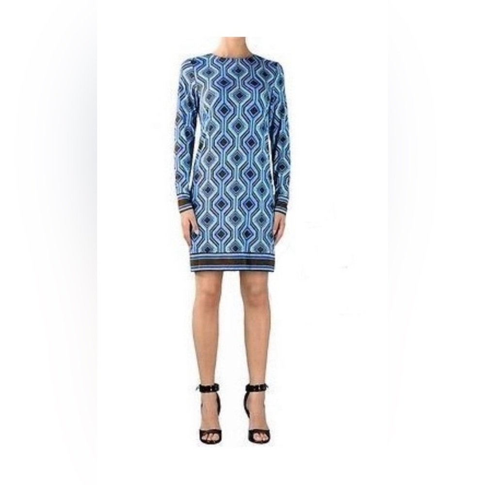 Michael Kors Blue Geometric Diamond Print Long Sleeve Sheath Dress Womens Small